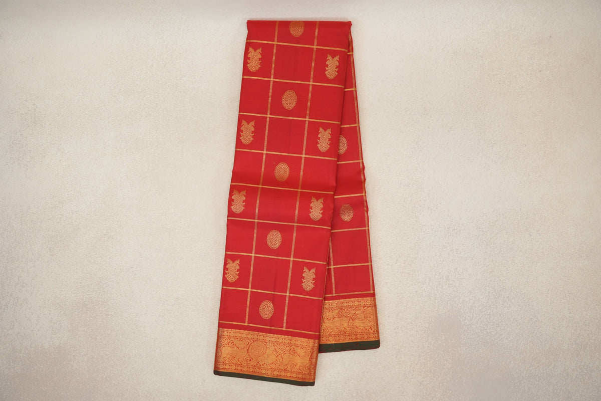 Online Chilli Red with Bottle Green Selvedge Vintage Kanjivaram Silk Saree