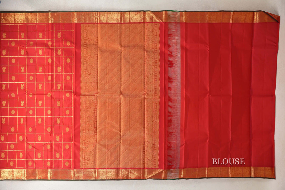 Chilli Red with Bottle Green Selvedge Vintage Kanjivaram Silk Saree blouse