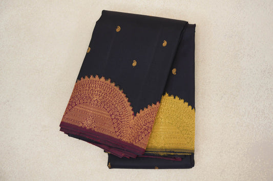 Deep Navy Blue with Deep Maroon and Yellowish Green Borders Vintage Kanjivaram Silk Saree by Shreenivas Silks PSSR0110189