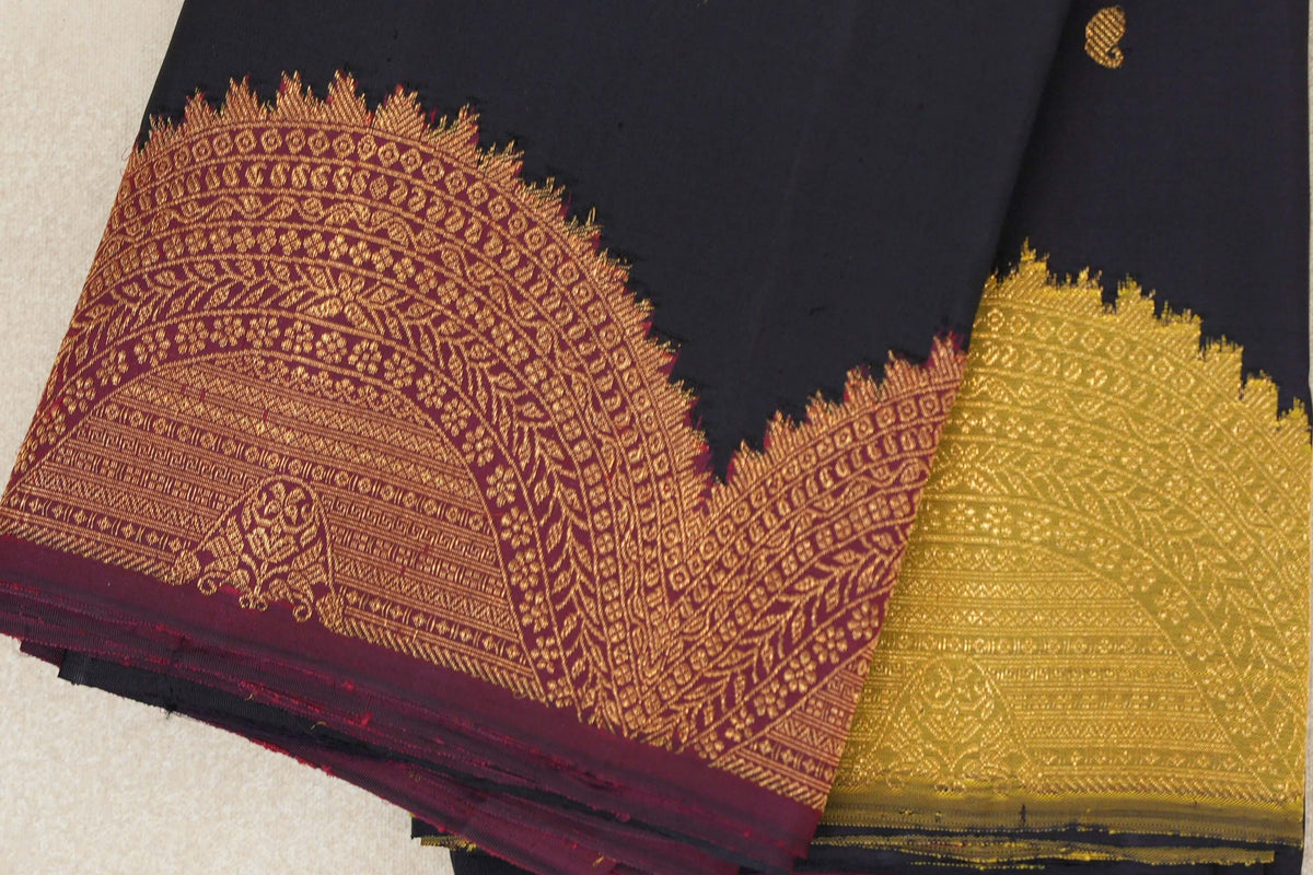 Deep Navy Blue with Deep Maroon and Yellowish Green Borders Vintage Kanjivaram Silk Saree by Shreenivas Silks PSSR0110189