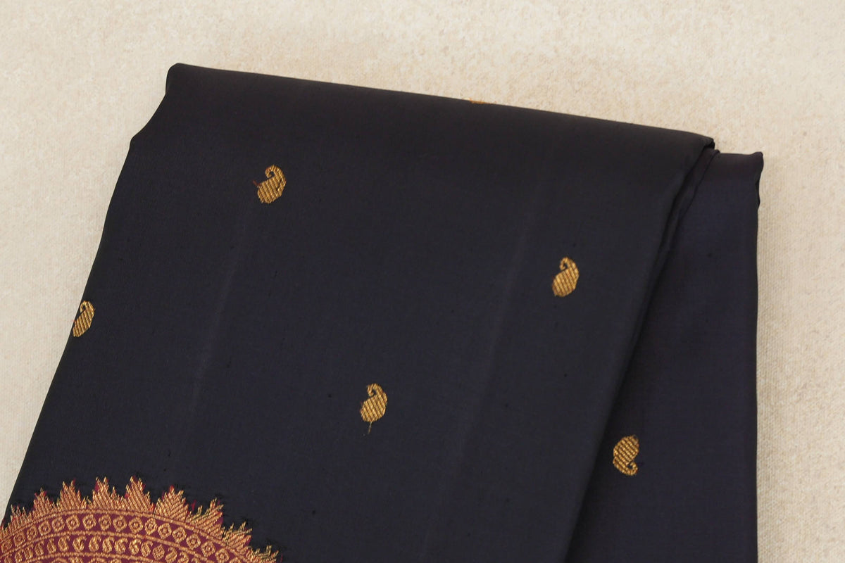 Deep Navy Blue with Deep Maroon and Yellowish Green Borders Vintage Kanjivaram Silk Saree by Shreenivas Silks PSSR0110189