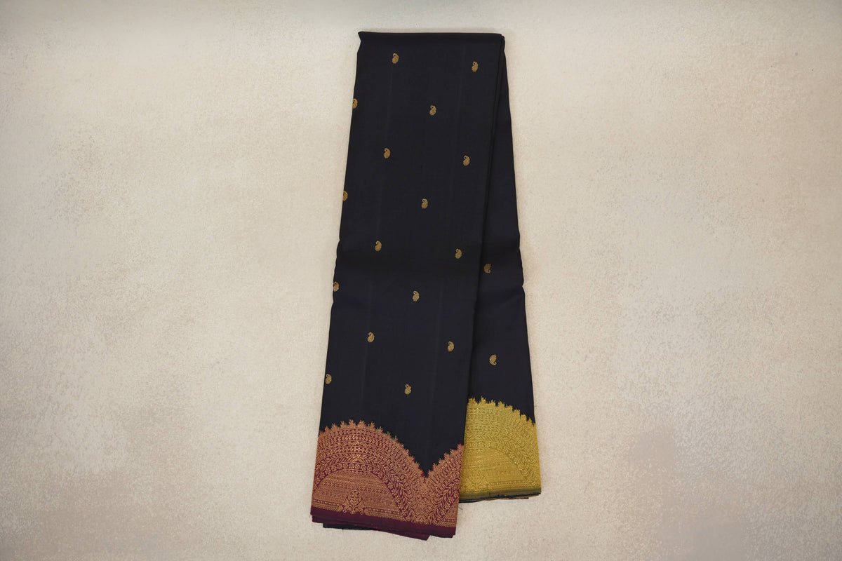 Deep Navy Blue with Deep Maroon and Yellowish Green Borders Vintage Kanjivaram Silk Saree by Shreenivas Silks PSSR0110189