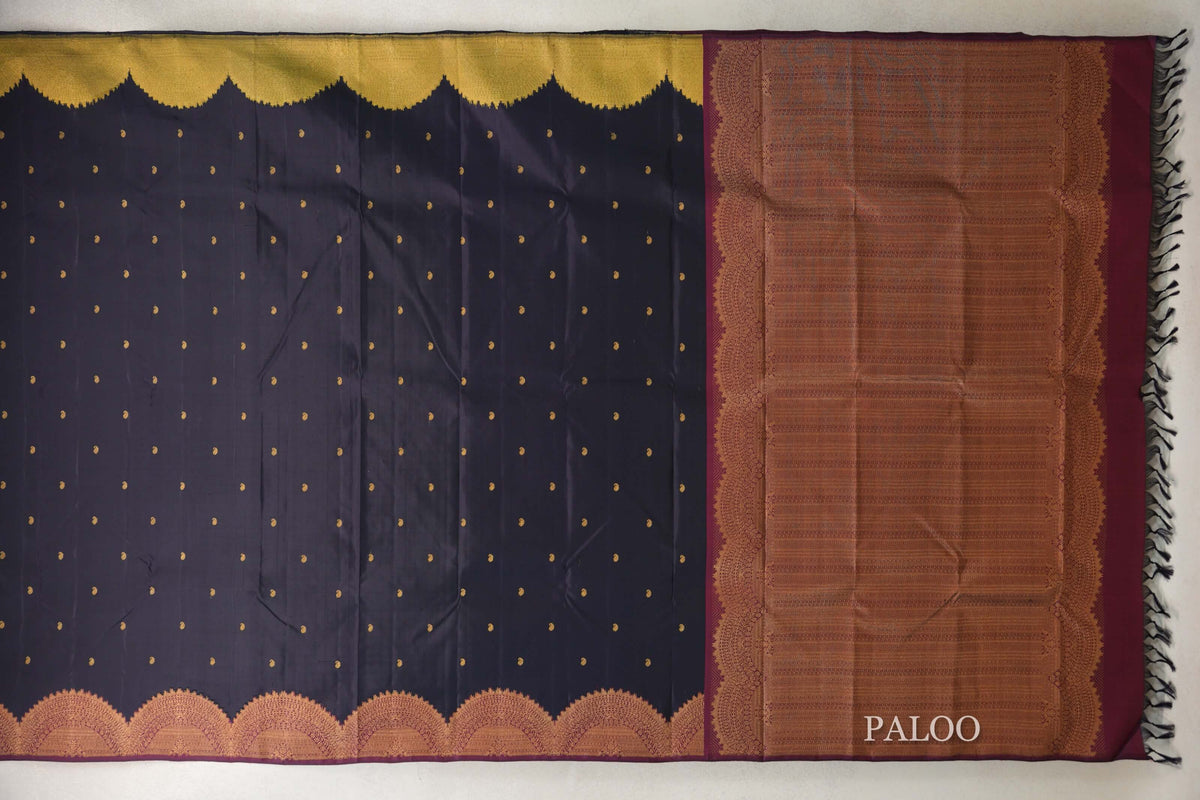 Deep Navy Blue with Deep Maroon and Yellowish Green Borders Vintage Kanjivaram Silk Saree by Shreenivas Silks PSSR0110189