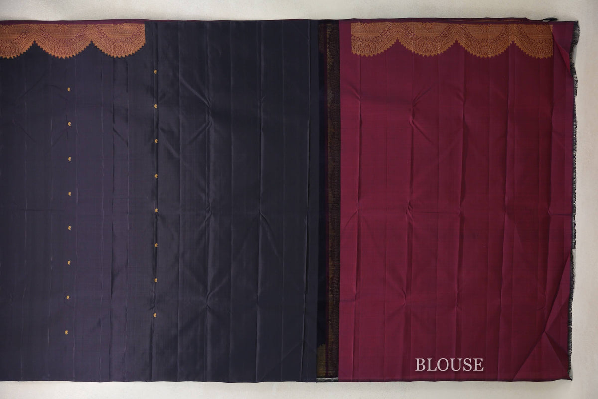 Deep Navy Blue with Deep Maroon and Yellowish Green Borders Vintage Kanjivaram Silk Saree by Shreenivas Silks PSSR0110189