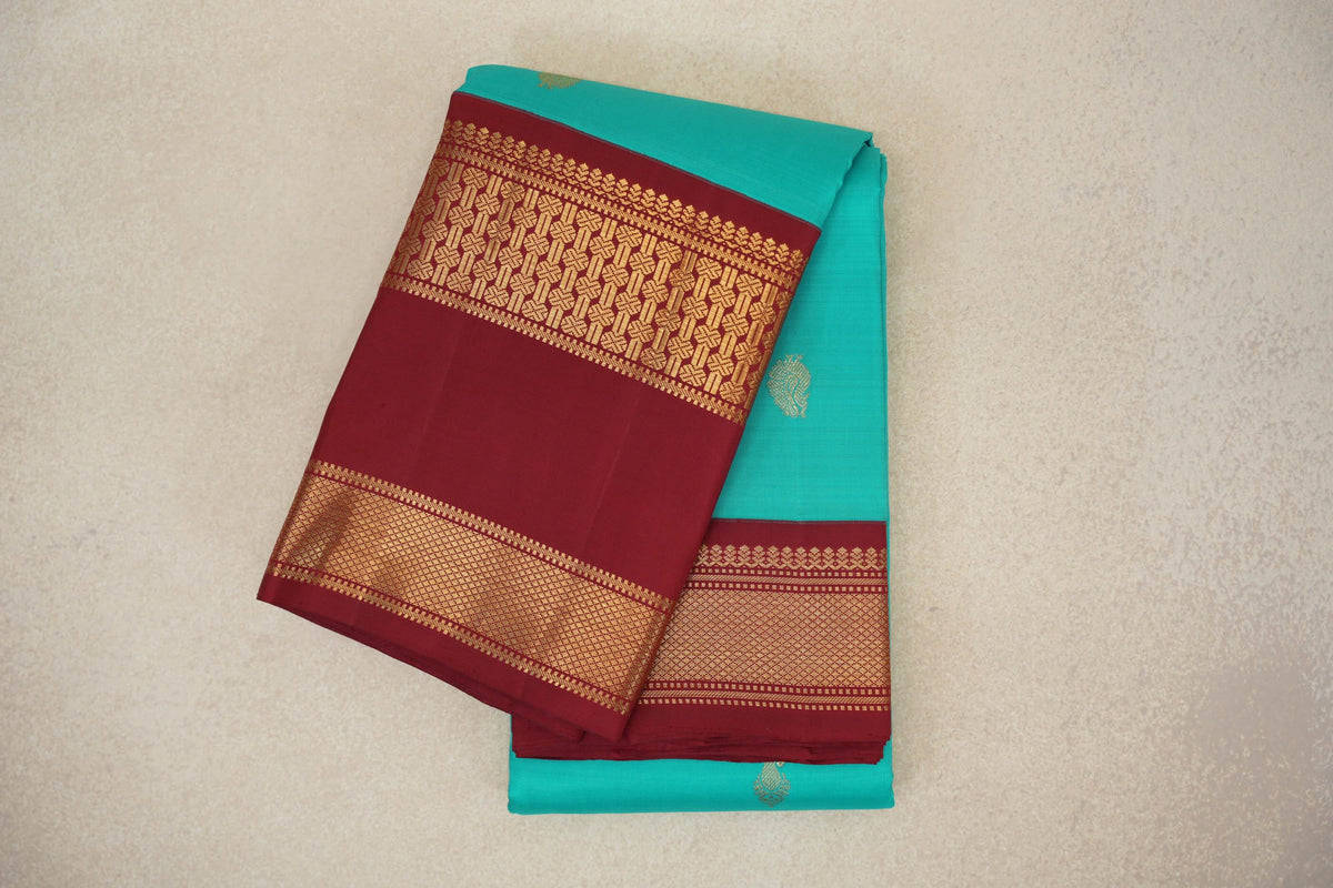 Aqua Blue with Deep Maroon Rettai Pettu Borders Vintage Kanjivaram Silk Saree by Shreenivas Silks PSSR0110190