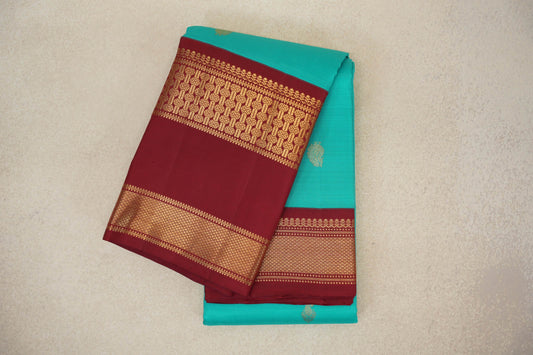 Aqua Blue with Deep Maroon Rettai Pettu Borders Vintage Kanjivaram Silk Saree by Shreenivas Silks PSSR0110190