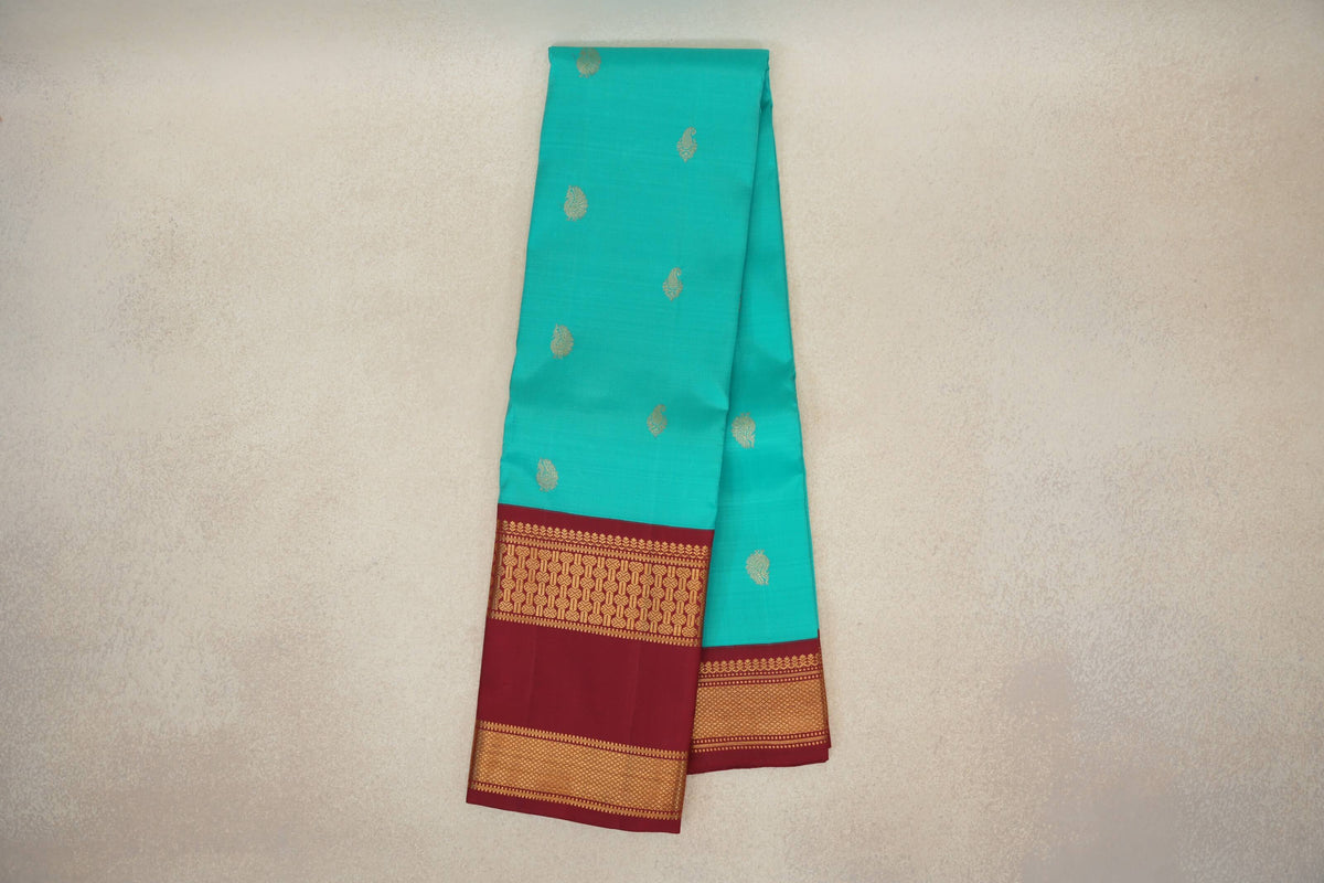 Aqua Blue with Deep Maroon Rettai Pettu Borders Vintage Kanjivaram Silk Saree by Shreenivas Silks PSSR0110190