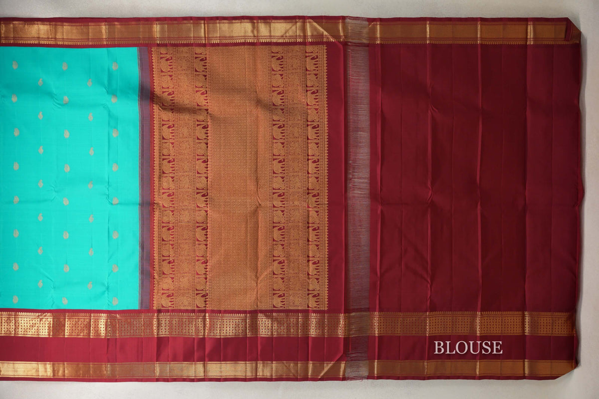 Aqua Blue with Deep Maroon Rettai Pettu Borders Vintage Kanjivaram Silk Saree by Shreenivas Silks PSSR0110190