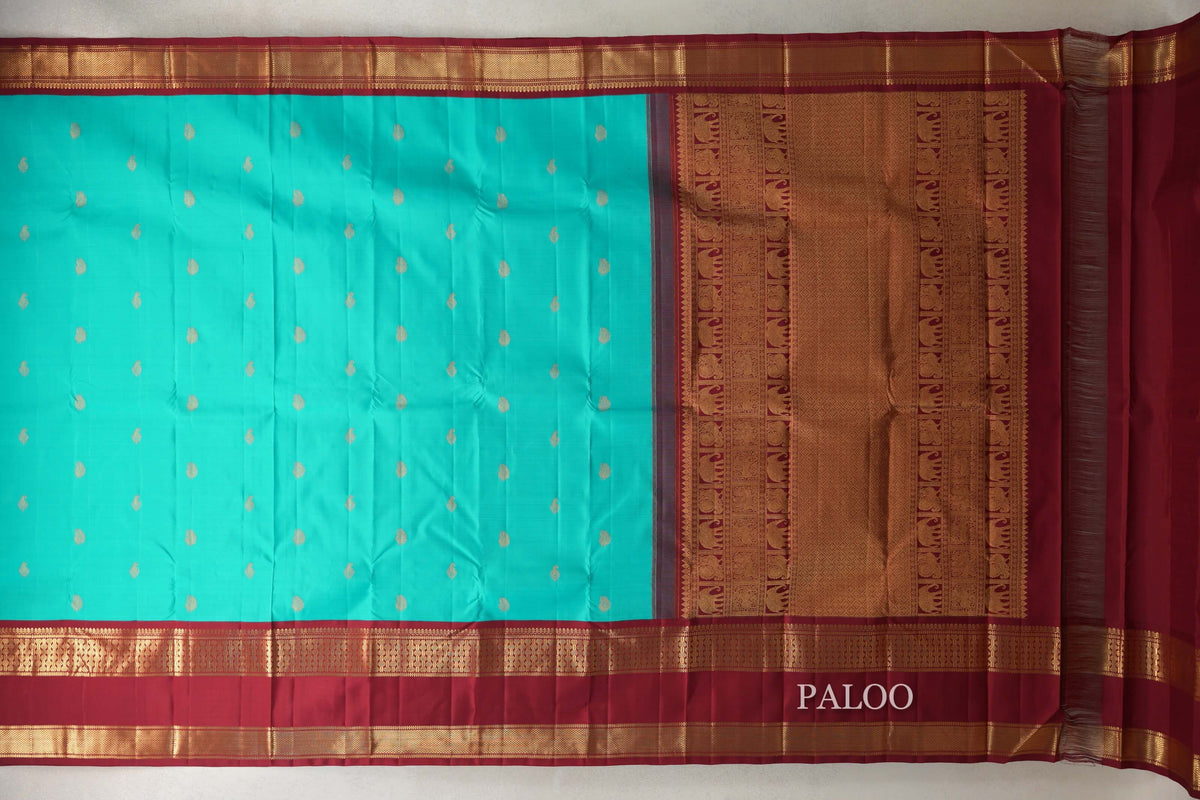 Aqua Blue with Deep Maroon Rettai Pettu Borders Vintage Kanjivaram Silk Saree by Shreenivas Silks PSSR0110190