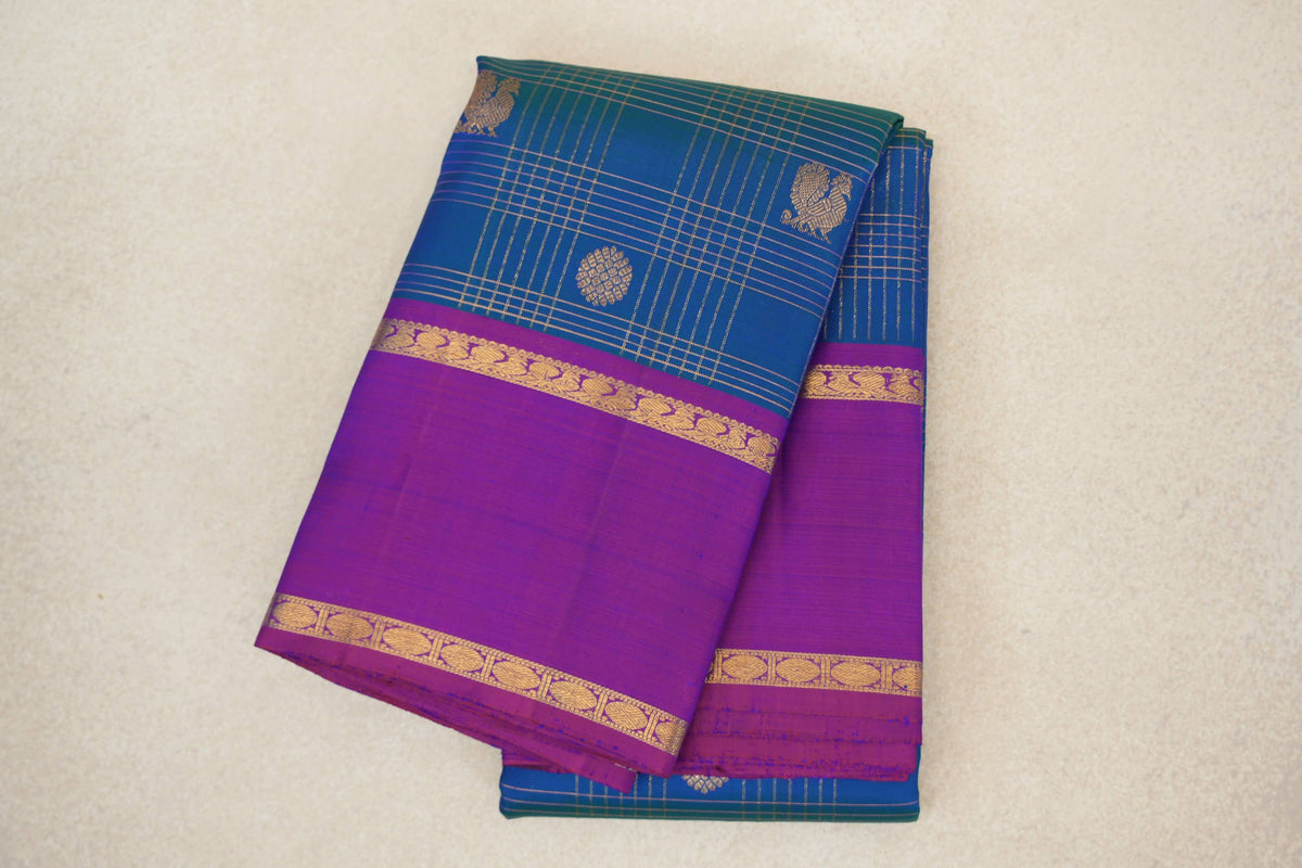 Peacock Blue with Dual Tone of Blue and Reddish Pink Rettai Pettu Borders Vintage Kanjivaram Silk Saree by Shreenivas Silks PSSR0110192