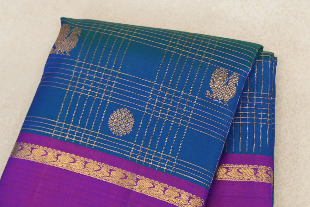 Peacock Blue with Dual Tone of Blue and Reddish Pink Rettai Pettu Borders Vintage Kanjivaram Silk Saree by Shreenivas Silks PSSR0110192