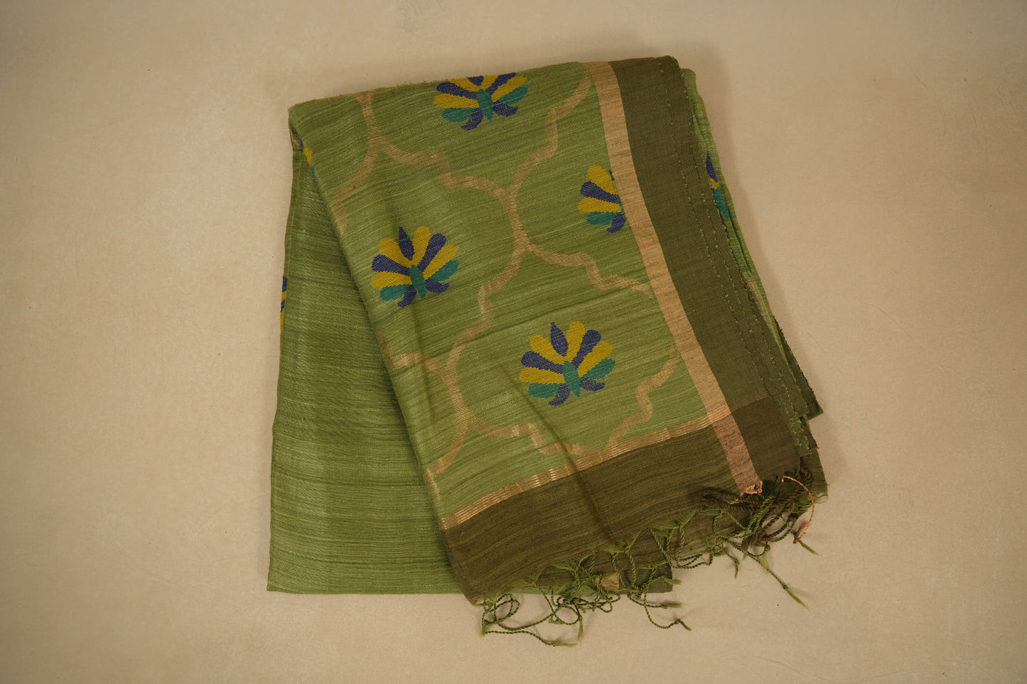 Elaichi Green with Mehendi Green Borders Bhagalpur Tussar silk saree 