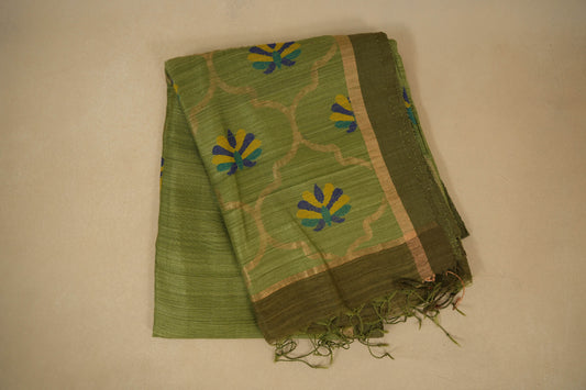 Elaichi Green with Mehendi Green Borders Bhagalpur Tussar silk saree 