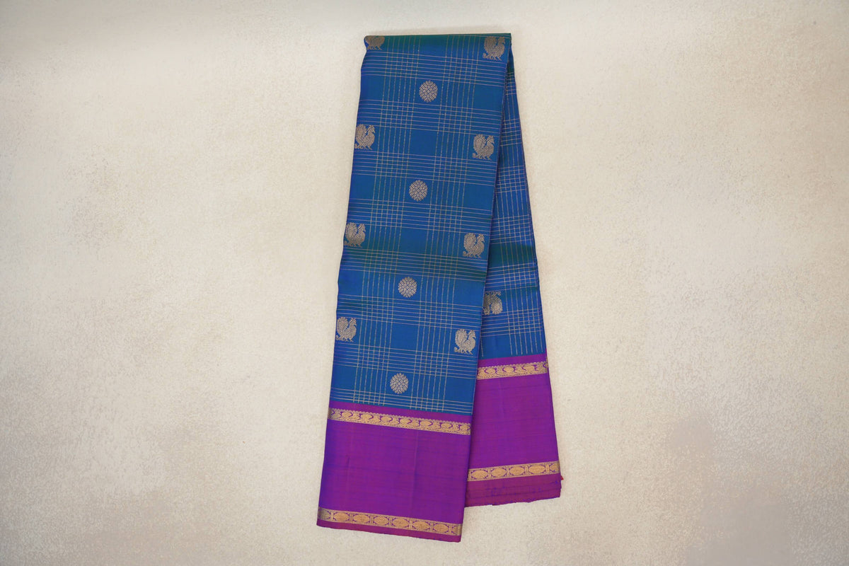 Peacock Blue with Dual Tone of Blue and Reddish Pink Rettai Pettu Borders Vintage Kanjivaram Silk Saree by Shreenivas Silks PSSR0110192