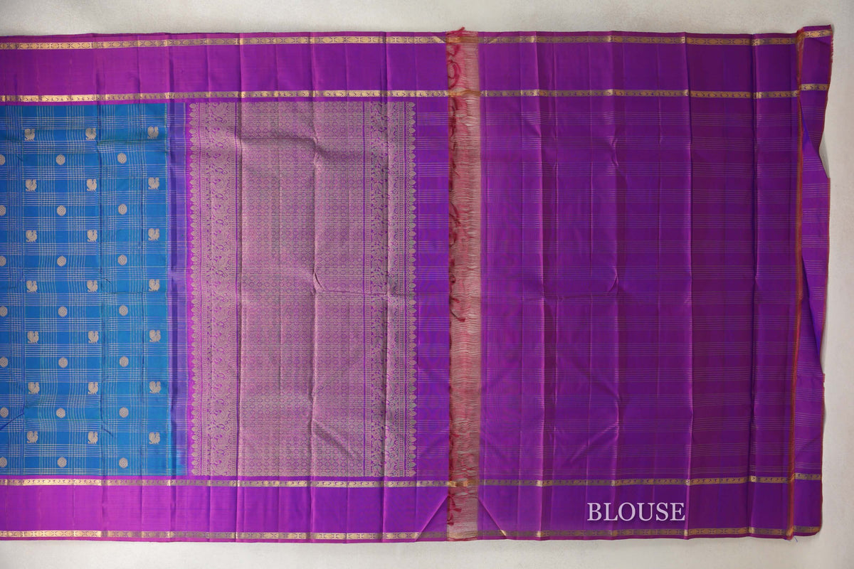 Peacock Blue with Dual Tone of Blue and Reddish Pink Rettai Pettu Borders Vintage Kanjivaram Silk Saree by Shreenivas Silks PSSR0110192