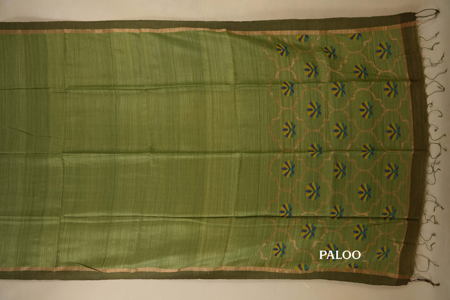 Elaichi Green with Mehendi Green Borders Bhagalpur Tussar silk saree paloo