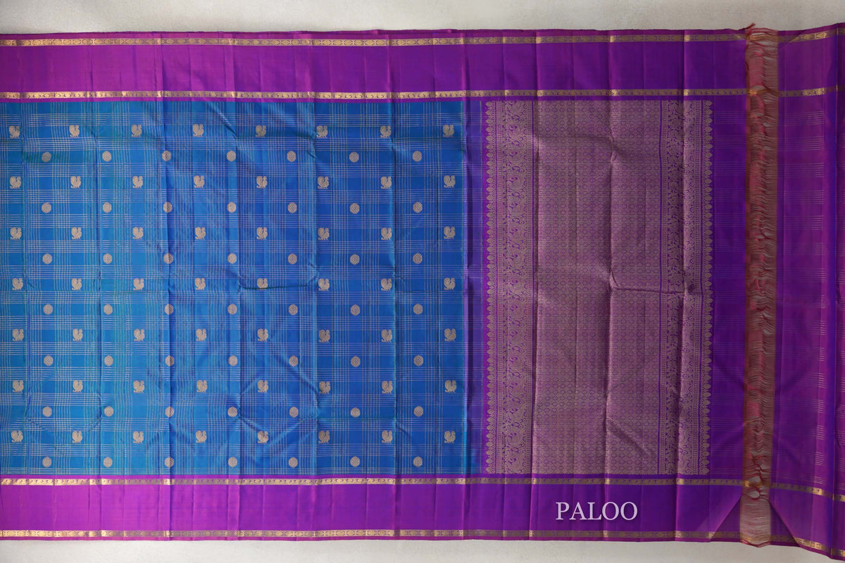 Peacock Blue with Dual Tone of Blue and Reddish Pink Rettai Pettu Borders Vintage Kanjivaram Silk Saree by Shreenivas Silks PSSR0110192