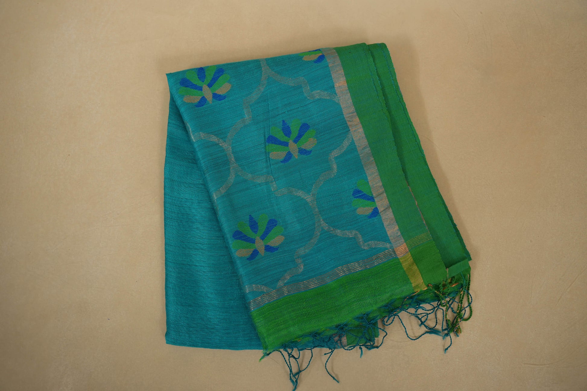 Peacock Blue with Green Borders Bhagalpur Tussar silk saree 