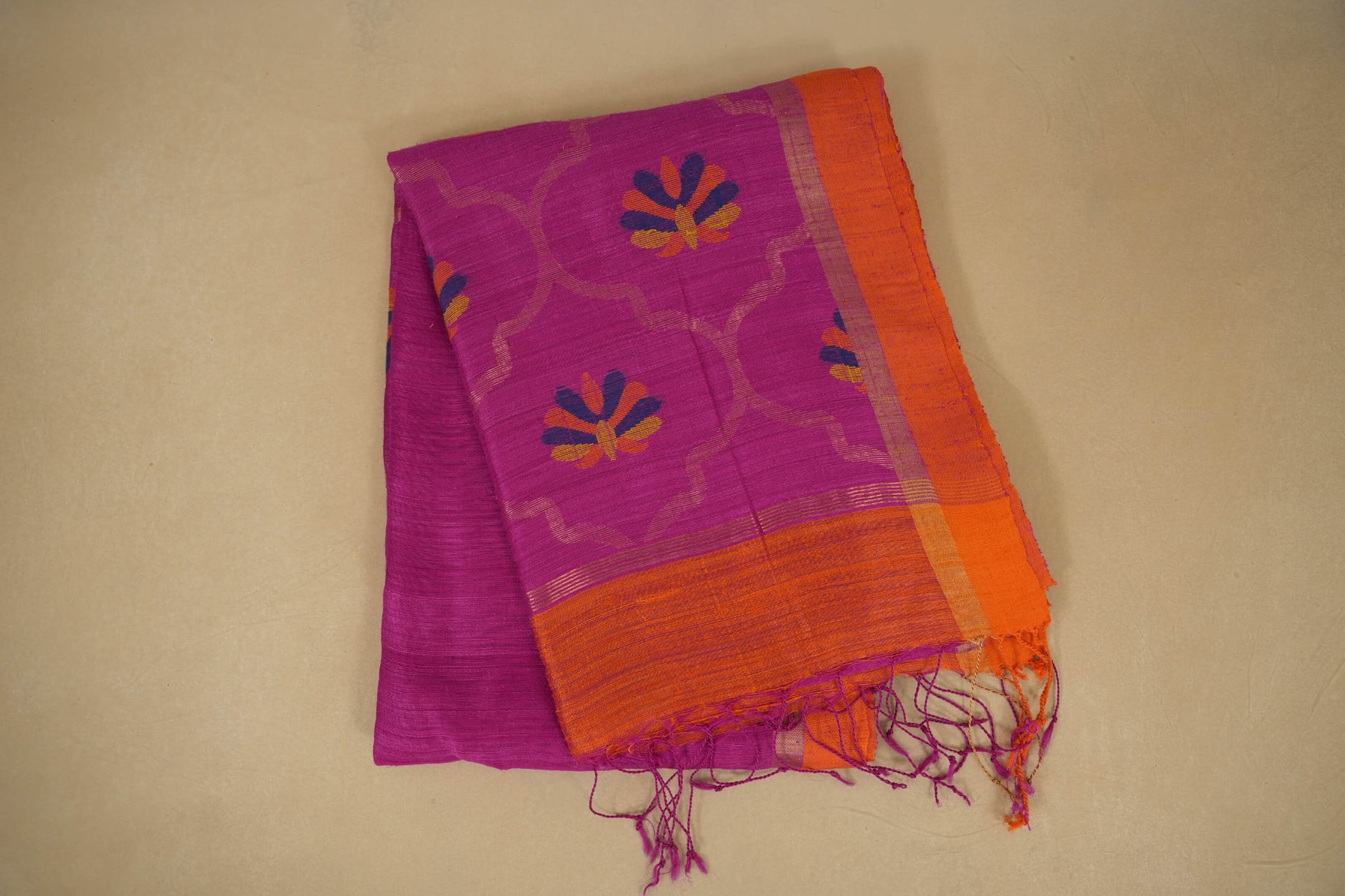 Pink with Orange Borders Bhagalpur Tussar silk saree