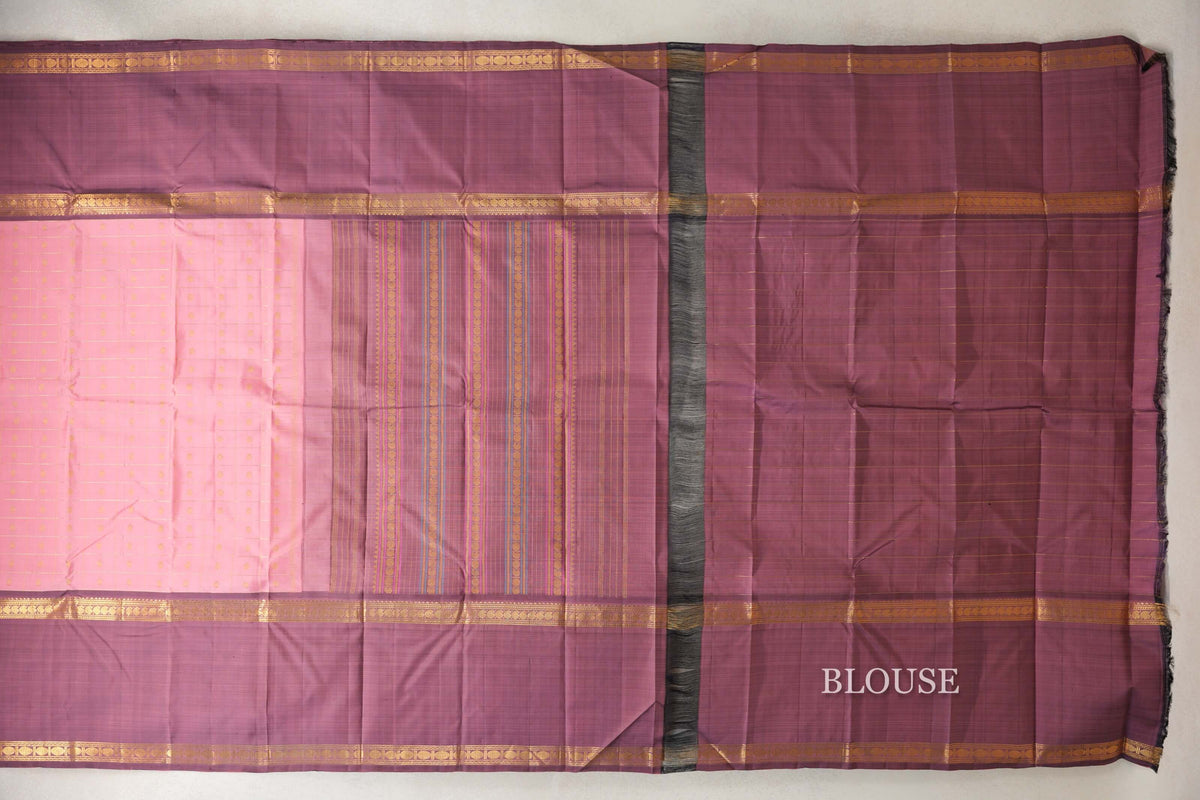 Blush Pink with Rose Mauve Rettai Pettu Borders Vintage Kanjivaram Silk Saree blouse