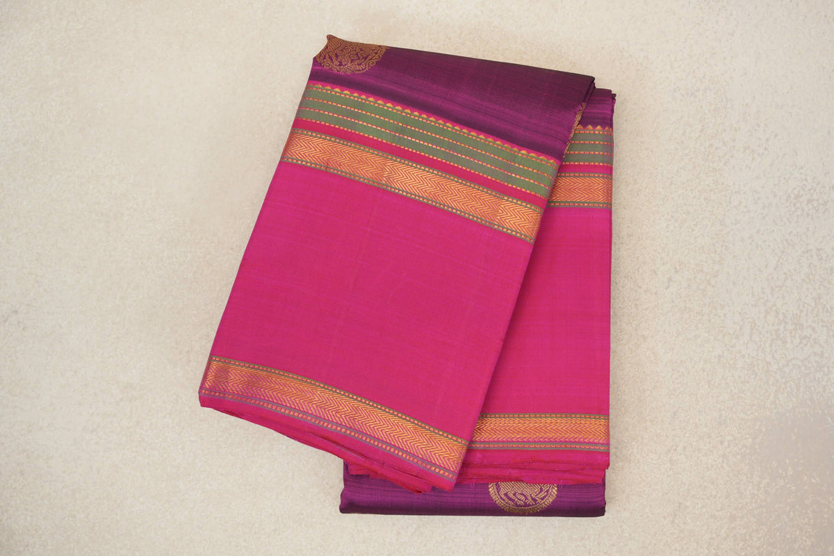 Deep Magenta with Bright Pink Rettai Pettu Borders Vintage Kanjivaram Silk Saree