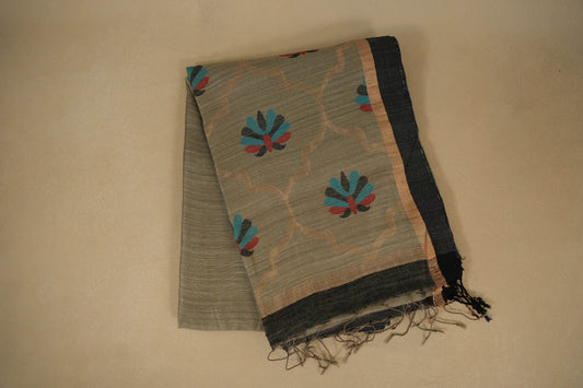 Gray with Black Borders Bhagalpur Tussar silk saree 