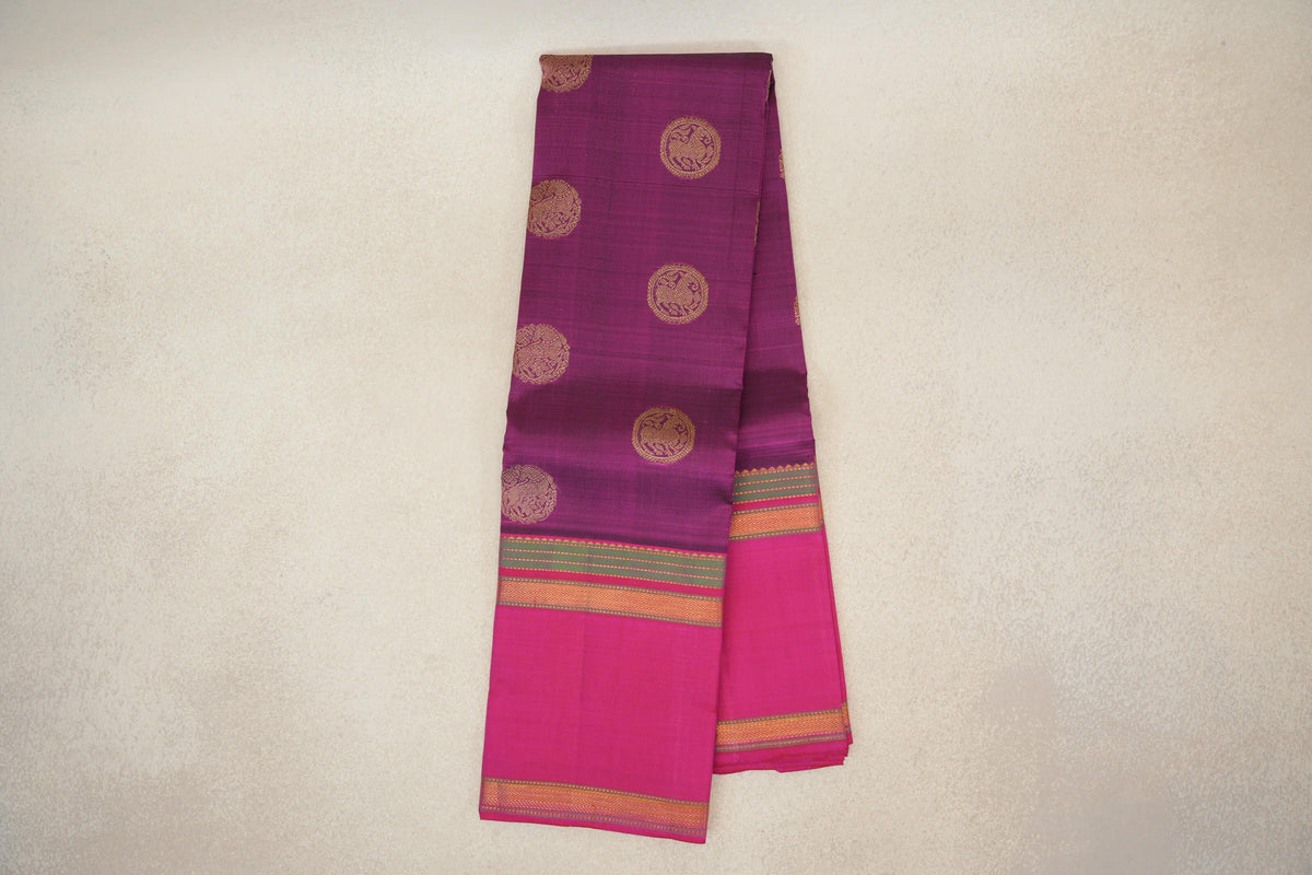 Online Deep Magenta with Bright Pink Rettai Pettu Borders Vintage Kanjivaram Silk Saree