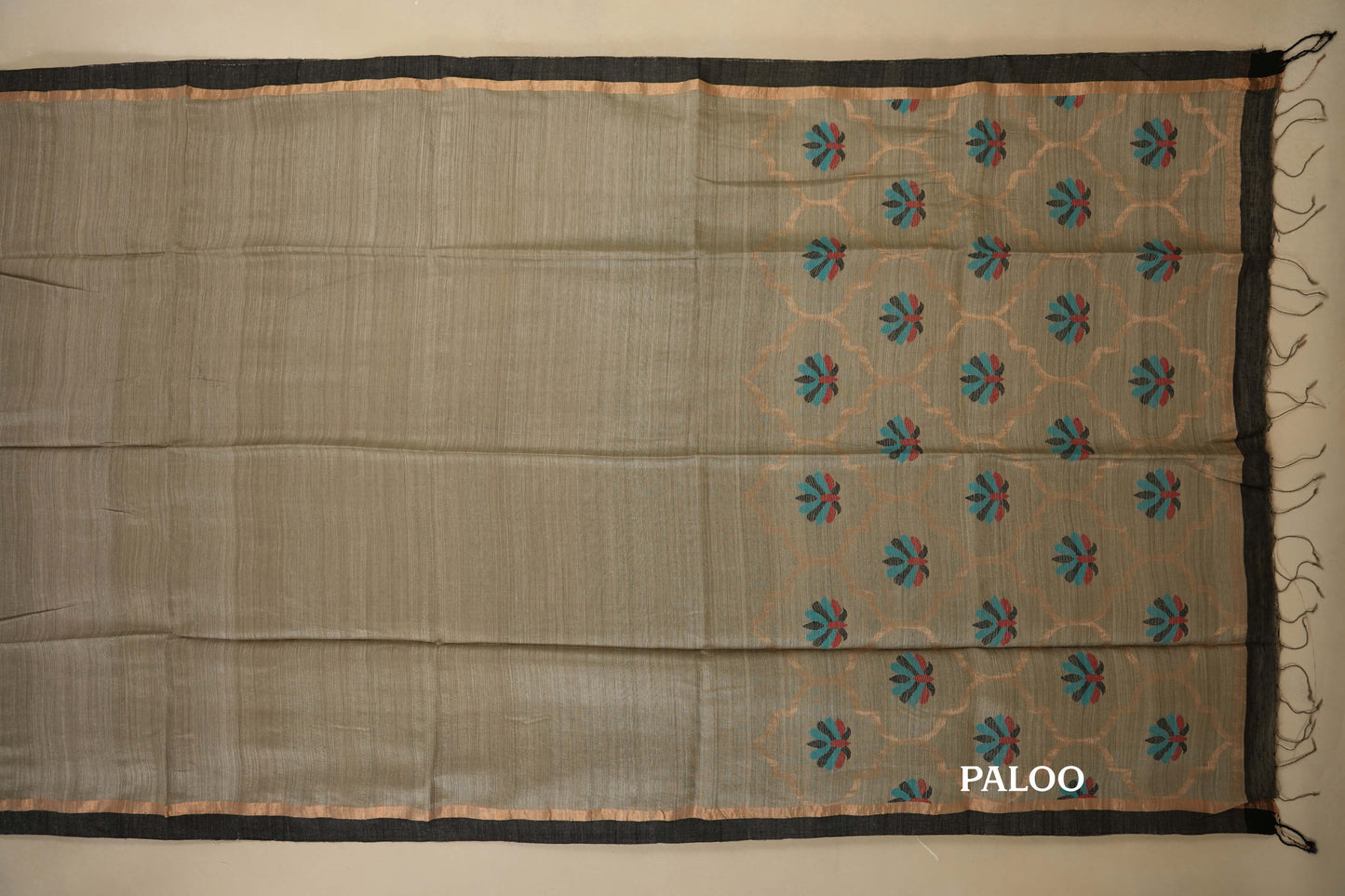 Gray with Black Borders Bhagalpur Tussar silk saree paloo