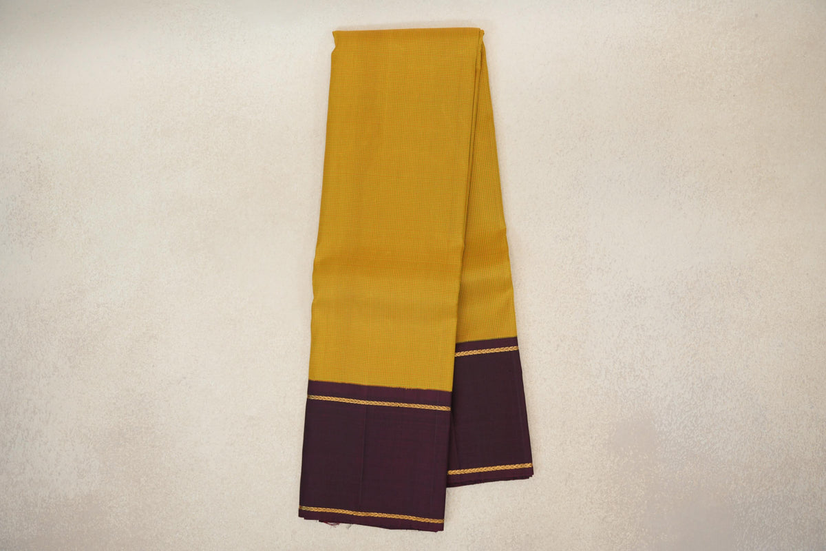 Mustard Yellow with Green Checks and Deep Plum Rettai Pettu Borders Vintage Kanjivaram Silk Saree by Shreenivas Silks PSSR0110195