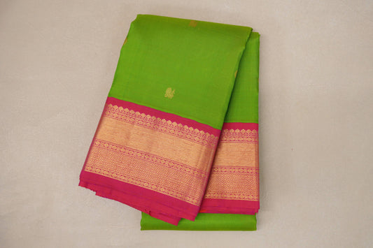 Parrot Green with Rani Pink Borders Vintage Kanjivaram Silk Saree by Shreenivas Silks PSSR019066 - Parisera