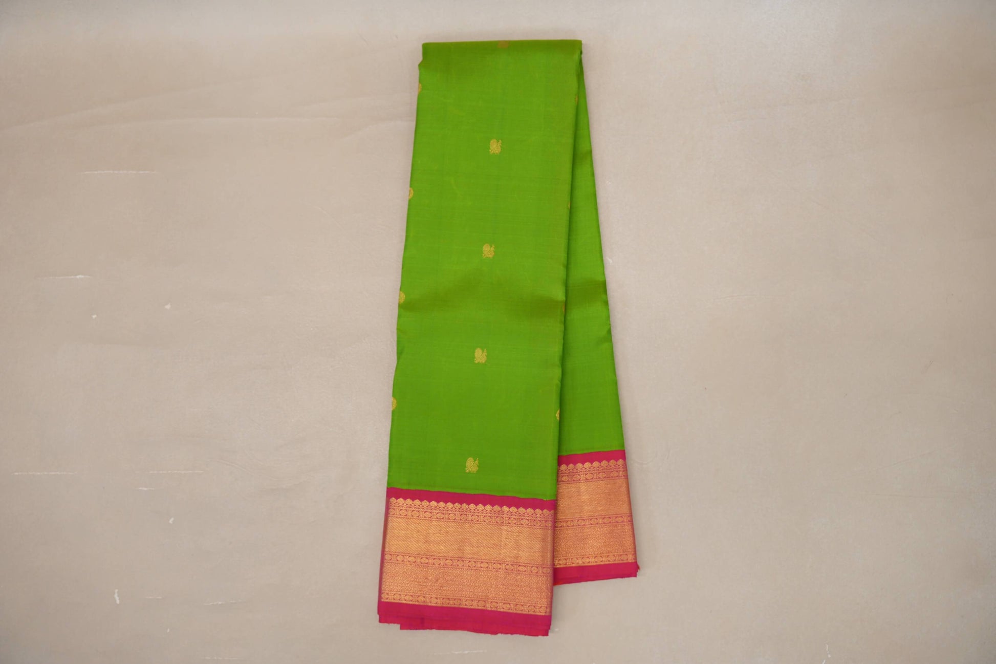 Parrot Green with Rani Pink Borders Vintage Kanjivaram Silk Saree by Shreenivas Silks PSSR019066 - Parisera