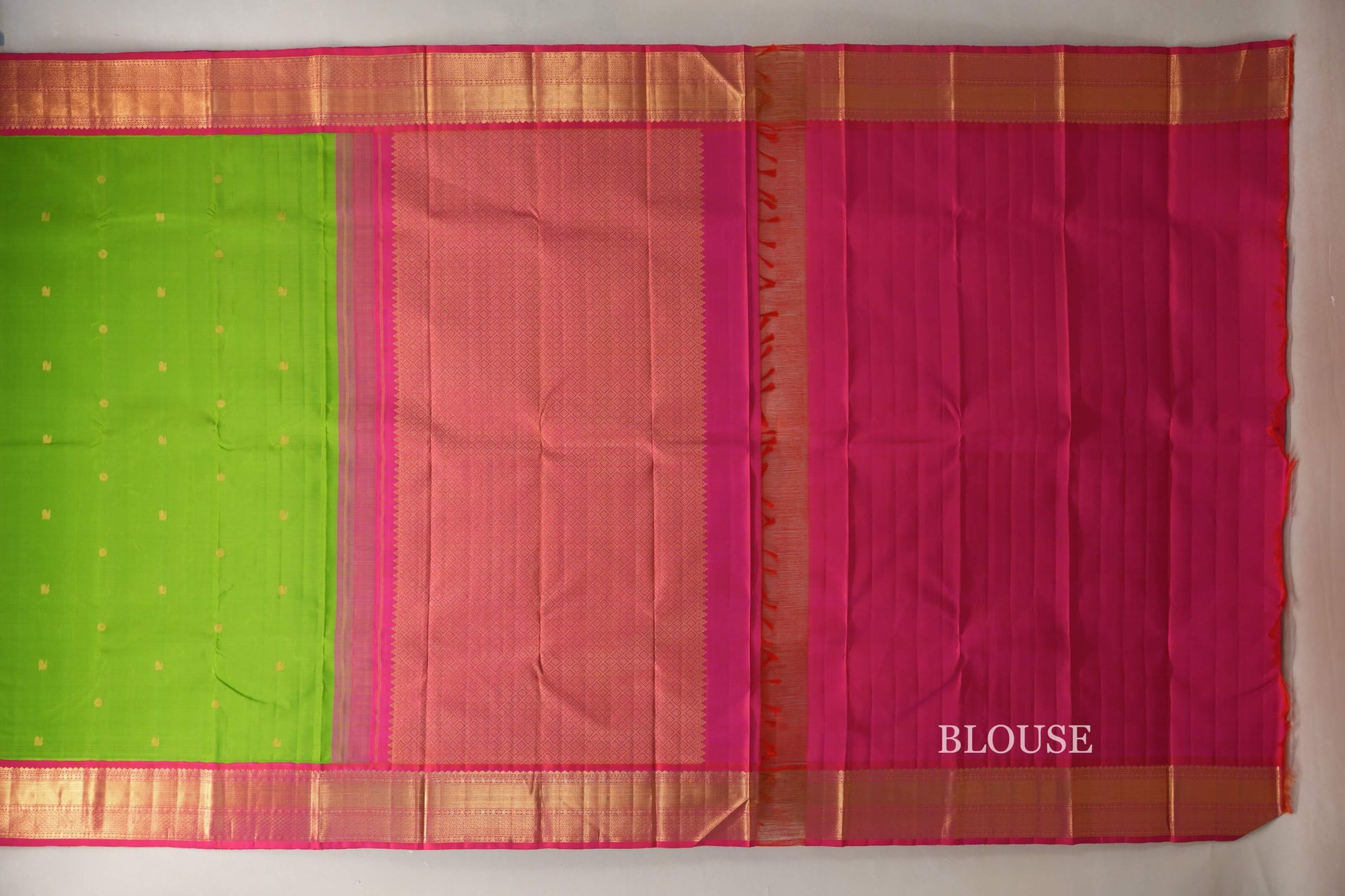 Parrot Green with Rani Pink Borders Vintage Kanjivaram Silk Saree by Shreenivas Silks PSSR019066 - Parisera