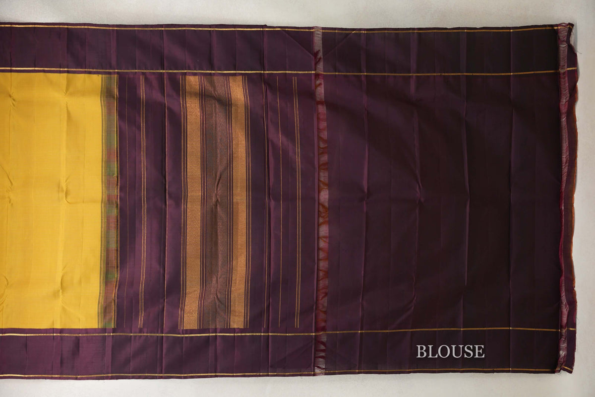 Mustard Yellow with Green Checks and Deep Plum Rettai Pettu Borders Vintage Kanjivaram Silk Saree by Shreenivas Silks PSSR0110195
