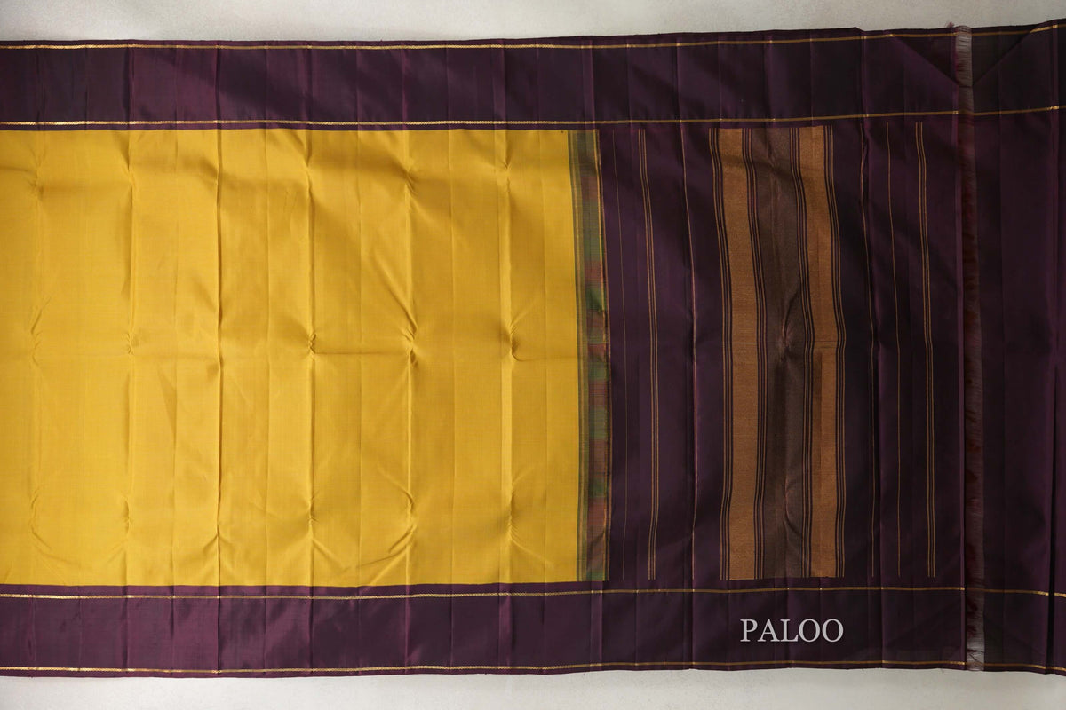 Mustard Yellow with Green Checks and Deep Plum Rettai Pettu Borders Vintage Kanjivaram Silk Saree by Shreenivas Silks PSSR0110195
