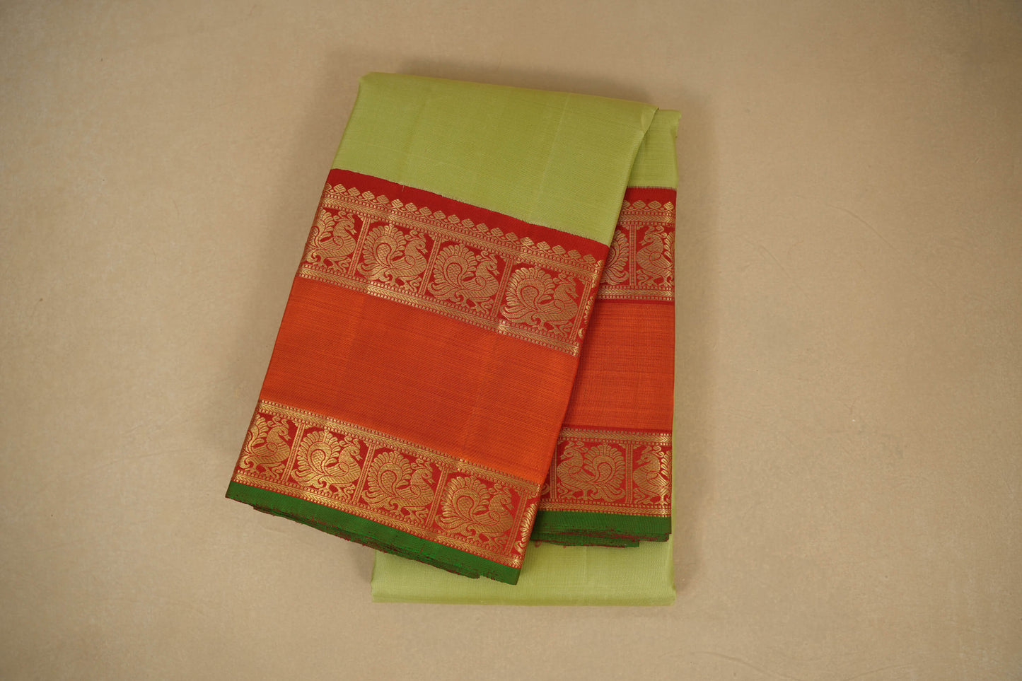 Pistha Green with Orange Borders Vintage Kanjivaram Silk Saree by Shreenivas Silks PSSR018049 - Parisera