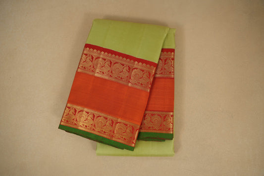 Pistha Green with Orange Borders Vintage Kanjivaram Silk Saree by Shreenivas Silks PSSR018049