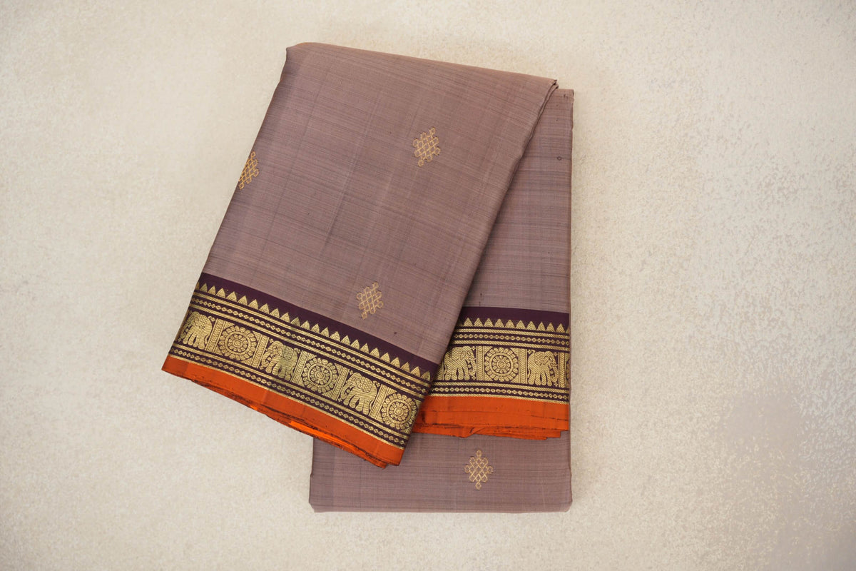 Light Chocolate Brown with Deep Plum Borders and Bright Orange Selvedge Vintage Kanjivaram Silk Saree