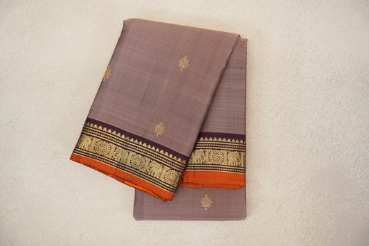 Light Chocolate Brown with Deep Plum Borders and Bright Orange Selvedge Vintage Kanjivaram Silk Saree by Shreenivas Silks PSSR0110196