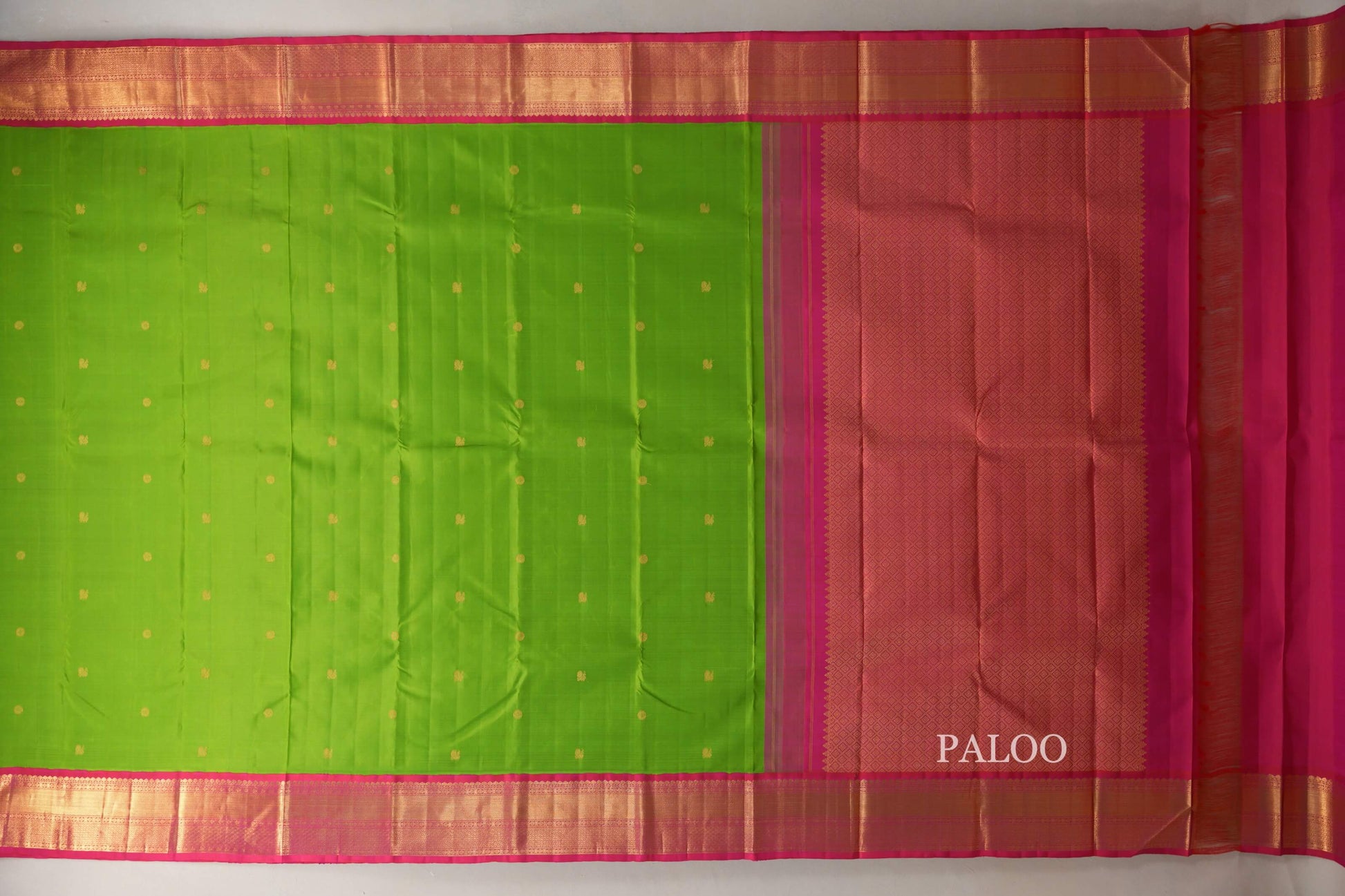 Parrot Green with Rani Pink Borders Vintage Kanjivaram Silk Saree by Shreenivas Silks PSSR019066 - Parisera