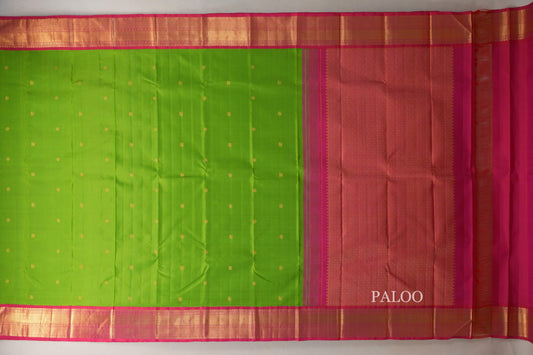 Parrot Green with Rani Pink Borders Vintage Kanjivaram Silk Saree by Shreenivas Silks PSSR019066 - Parisera