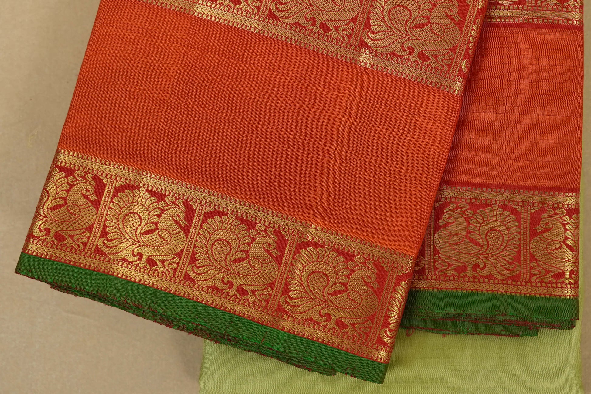 Pistha Green with Orange Borders Vintage Kanjivaram Silk Saree by Shreenivas Silks PSSR018049 - Parisera