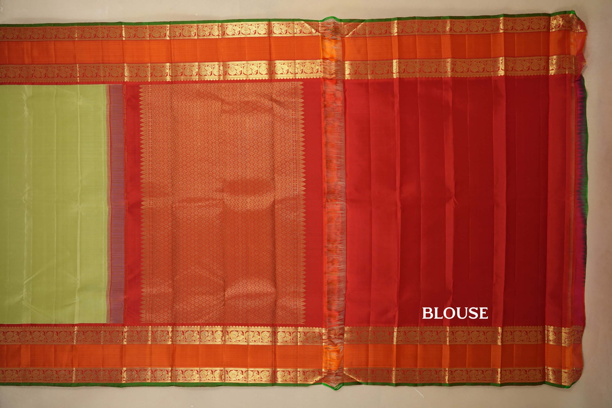 Pistha Green with Orange Borders Vintage Kanjivaram Silk Saree by Shreenivas Silks PSSR018049 - Parisera
