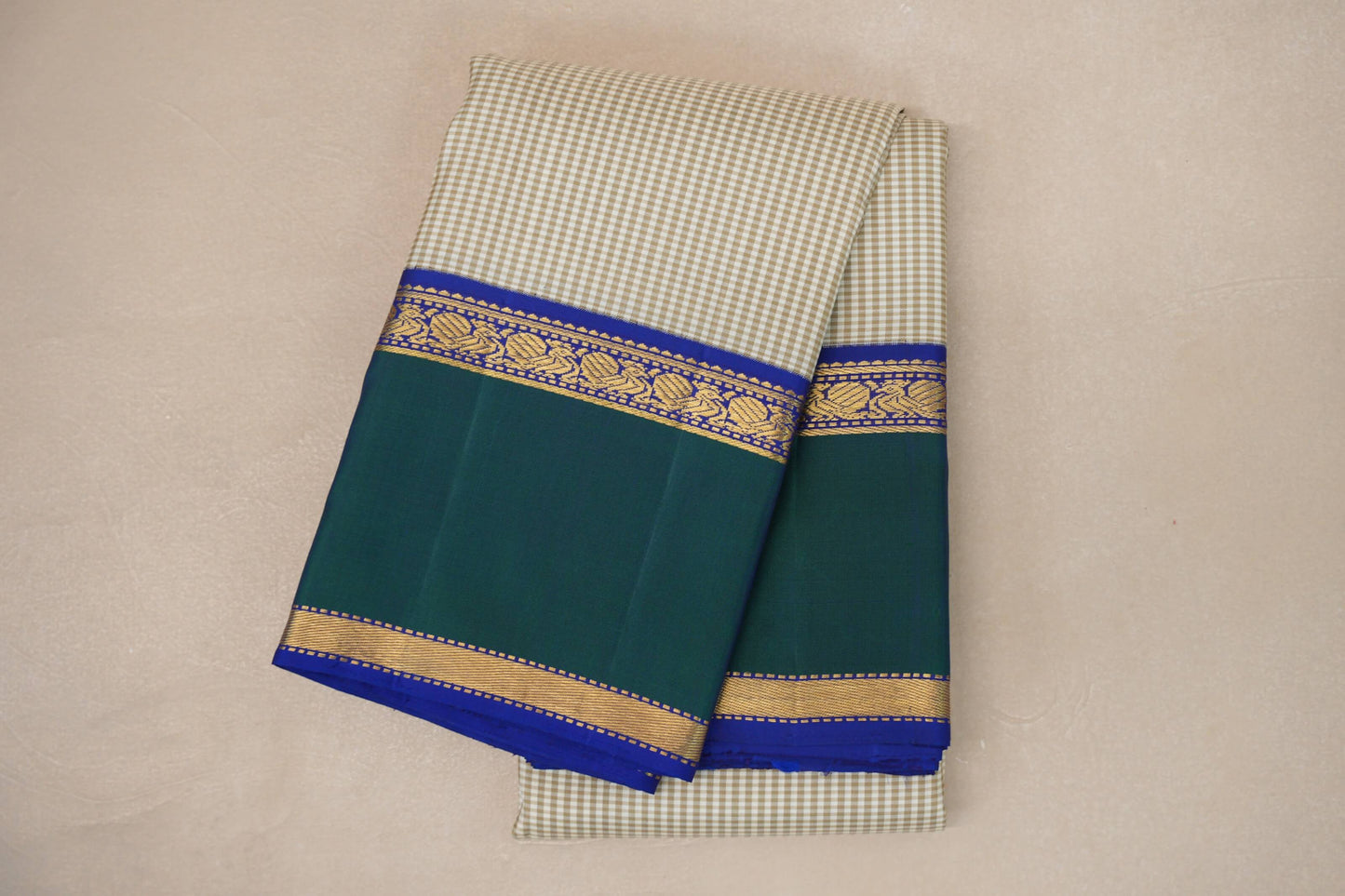 Cream with Olive Green Checks with Deep Blue and Peacock Green Borders Vintage Kanjivaram Silk Saree by Shreenivas Silks PSSR019067 - Parisera