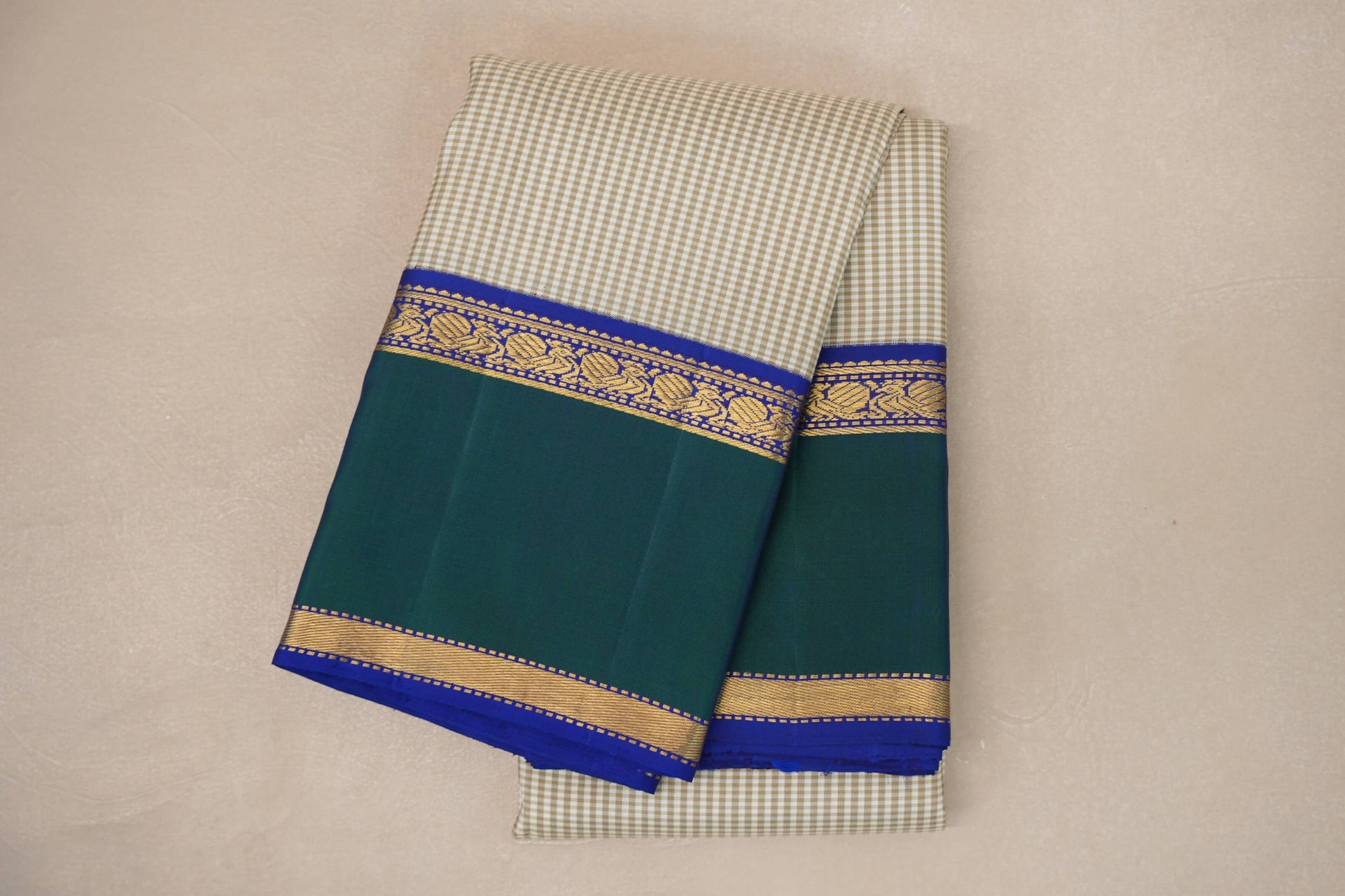 Cream with Olive Green Checks with Deep Blue and Peacock Green Borders Vintage Kanjivaram Silk Saree by Shreenivas Silks PSSR019067 - Parisera