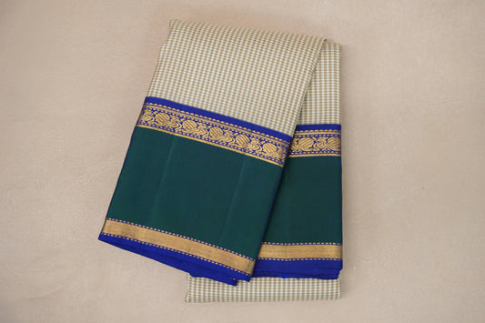 Cream with Olive Green Checks with Deep Blue and Peacock Green Borders Vintage Kanjivaram Silk Saree by Shreenivas Silks PSSR019067 - Parisera