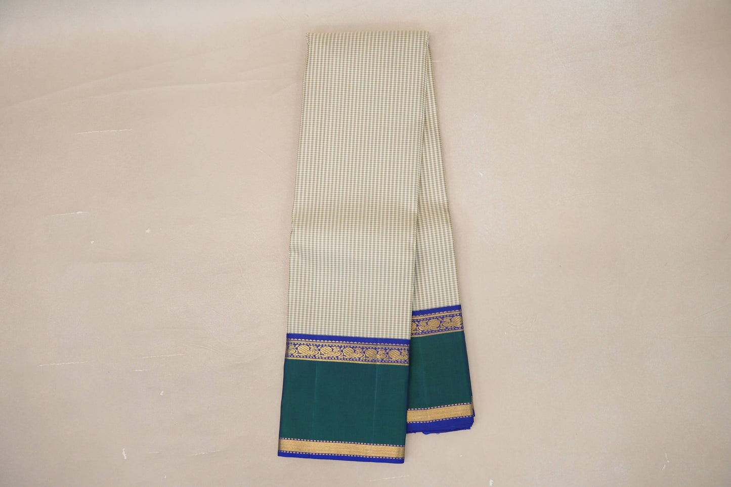 Cream with Olive Green Checks with Deep Blue and Peacock Green Borders Vintage Kanjivaram Silk Saree by Shreenivas Silks PSSR019067 - Parisera