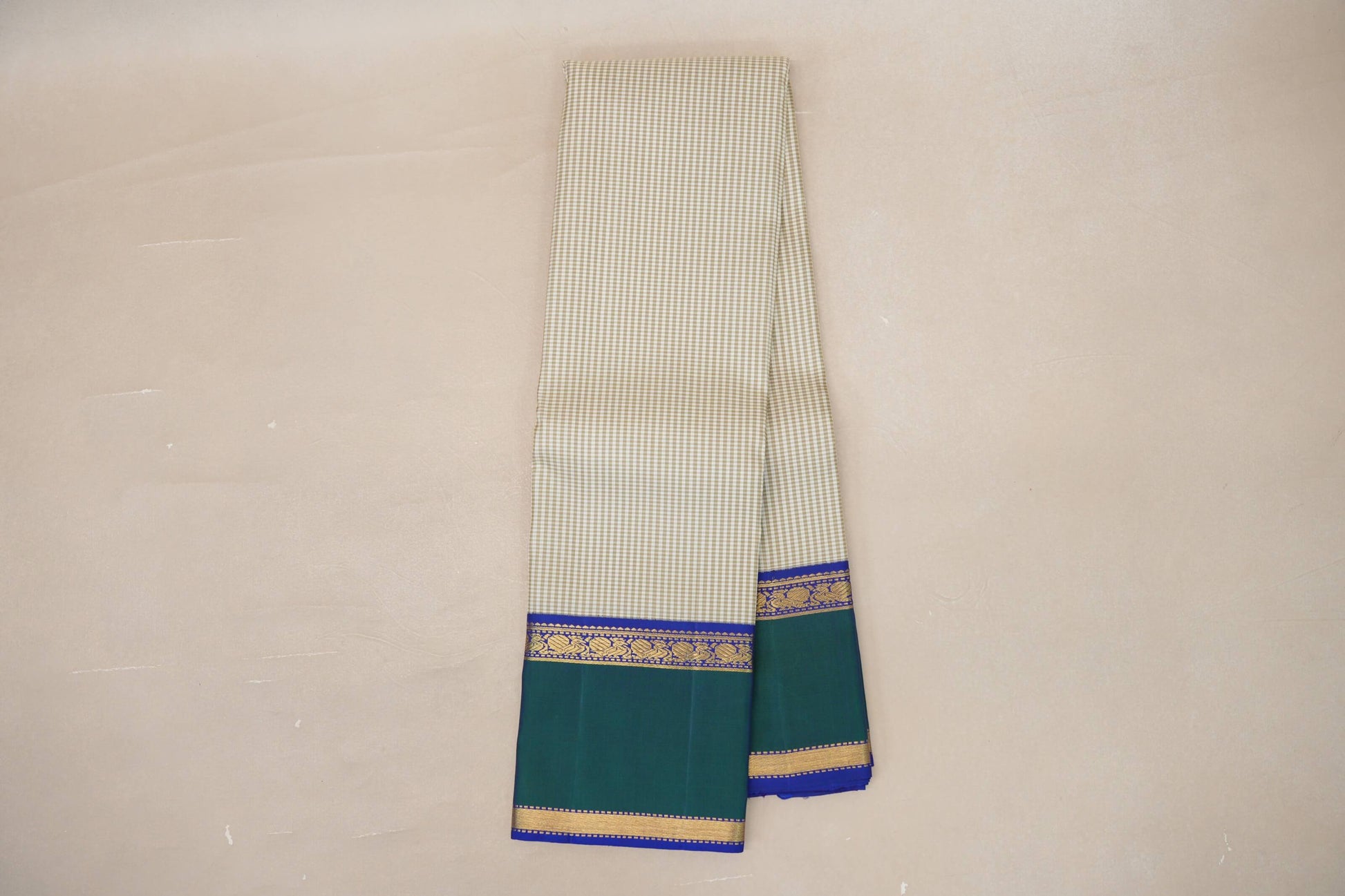 Cream with Olive Green Checks with Deep Blue and Peacock Green Borders Vintage Kanjivaram Silk Saree by Shreenivas Silks PSSR019067 - Parisera