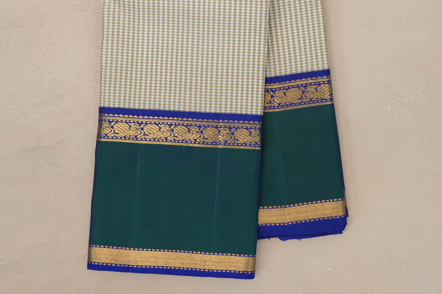 Cream with Olive Green Checks with Deep Blue and Peacock Green Borders Vintage Kanjivaram Silk Saree by Shreenivas Silks PSSR019067 - Parisera