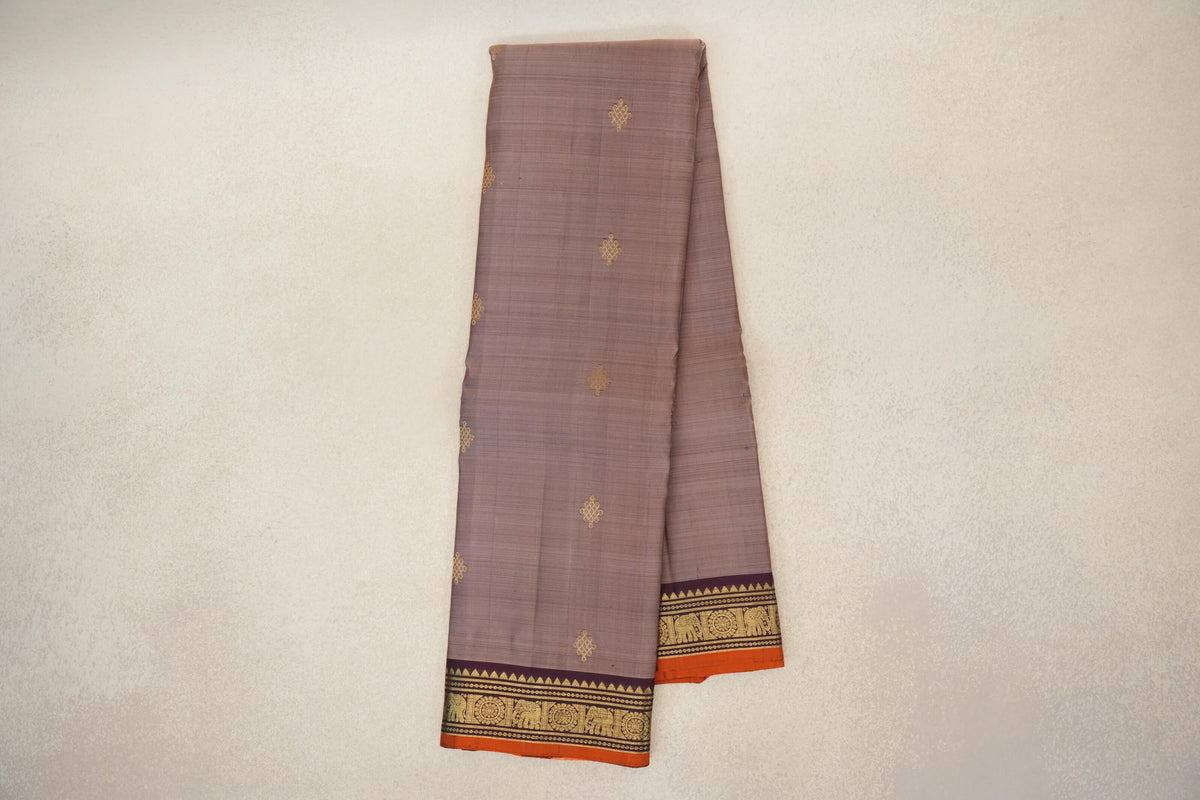 Online Light Chocolate Brown with Deep Plum Borders and Bright Orange Selvedge Vintage Kanjivaram Silk Saree
