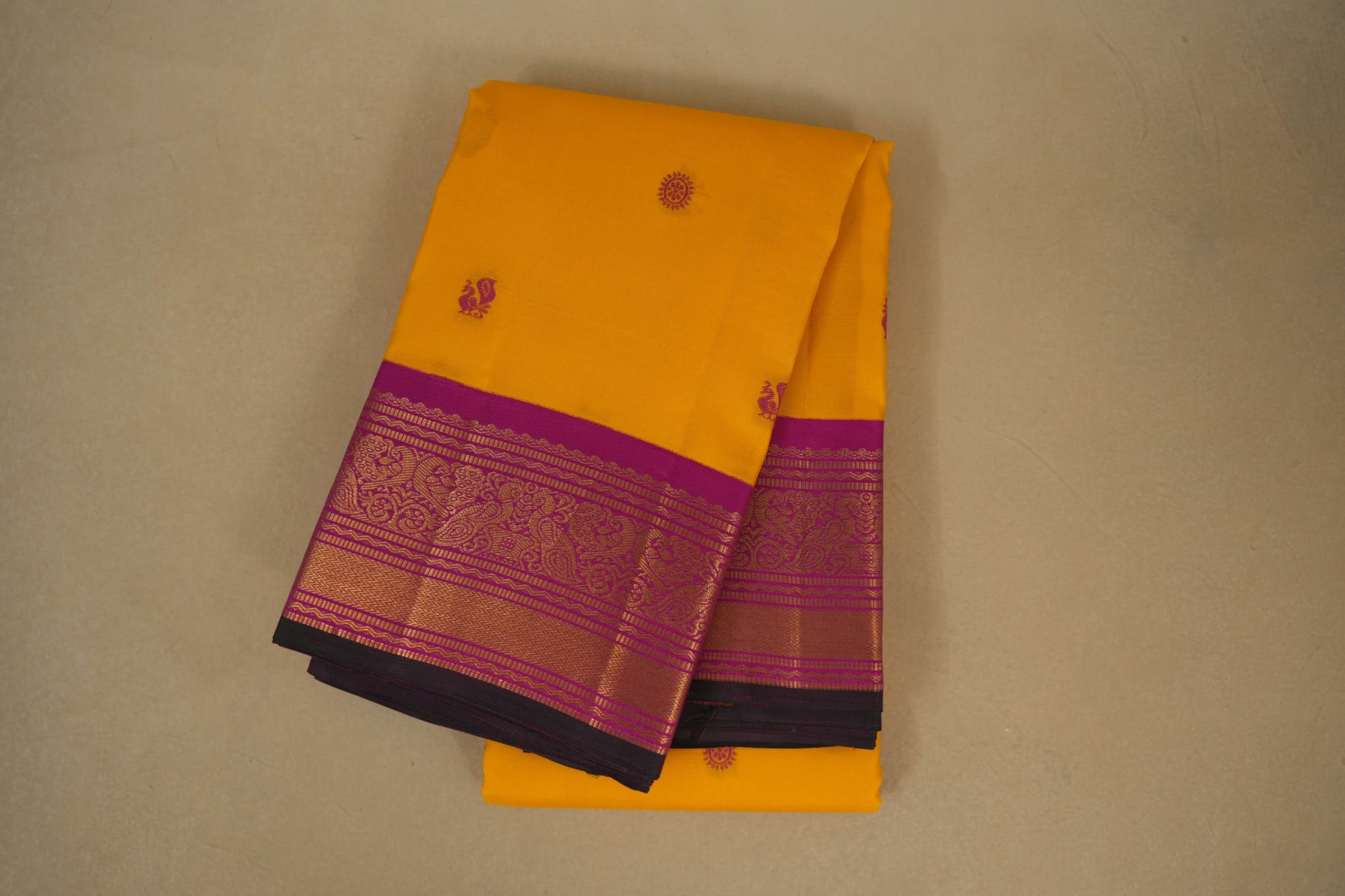 Yellow with Rani Pink Borders Vintage Kanjivaram Silk Saree by Shreenivas Silks PSSR018050 - Parisera